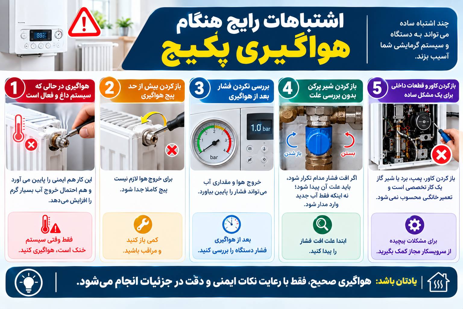 اشتباهات رایج هنگام هواگیری پکیج